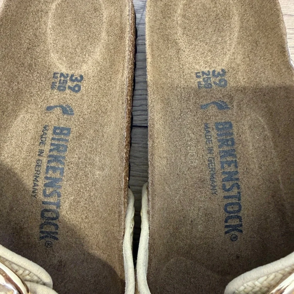 Birkenstock Madrid Big Buckle Raffia Slide 39 Beige Women Sandal Gold Buckle